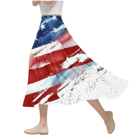 Oplxuo Women's Flowy Elastic High Waist Skirts USA Flag Graphic Boho Casual Beach Holiday Floral Print A Line Midi Skirt