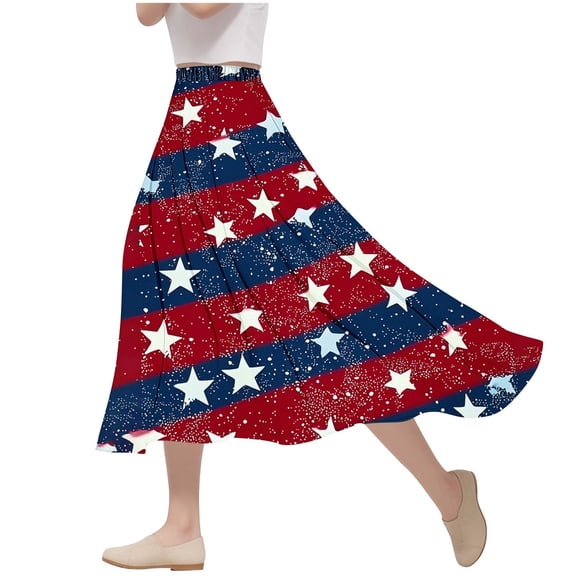 Oplxuo Women's Flowy Elastic High Waist Skirts USA Flag Graphic Boho Casual Beach Holiday Floral Print A Line Midi Skirt