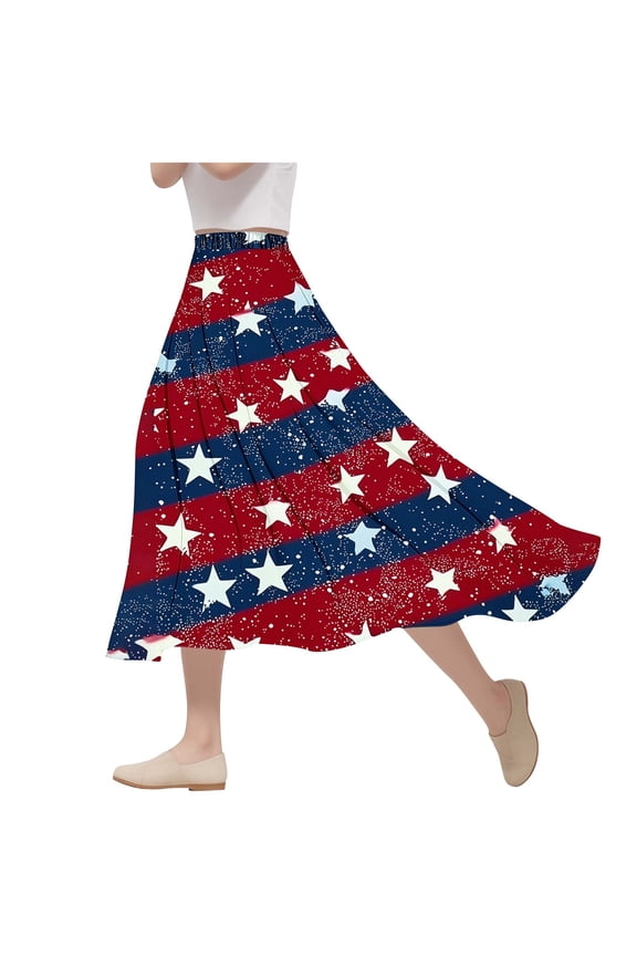 Women's Flowy Elastic High Waist Skirts USA Flag Graphic Boho Casual Beach Holiday Floral Print A Line Midi Skirt