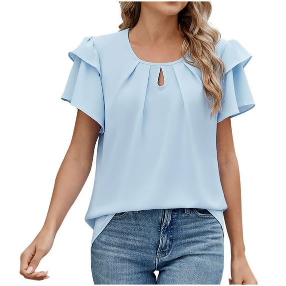 Oplxuo Women's Flutter Sleeve Chiffon Work Blouse Dressy Casual Keyhole Office Shirts Elegant Ladies Pleated Business Tops