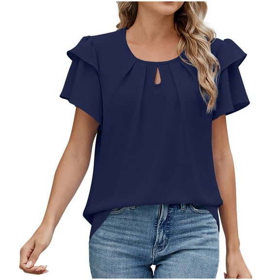 Oplxuo Women's Flutter Sleeve Chiffon Work Blouse Dressy Casual Keyhole Office Shirts Elegant Ladies Pleated Business Tops