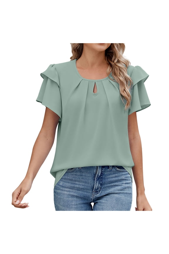 Women's Flutter Sleeve Chiffon Work Blouse Dressy Casual Keyhole Office Shirts Elegant Ladies Pleated Business Tops