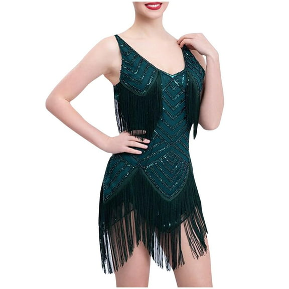 Oplxuo Women's Fringed Tassel Dance Costume 1920s Sexy V Neck Flapper Cocktail Party Dresses Rumba Ballroom Latin Outfits