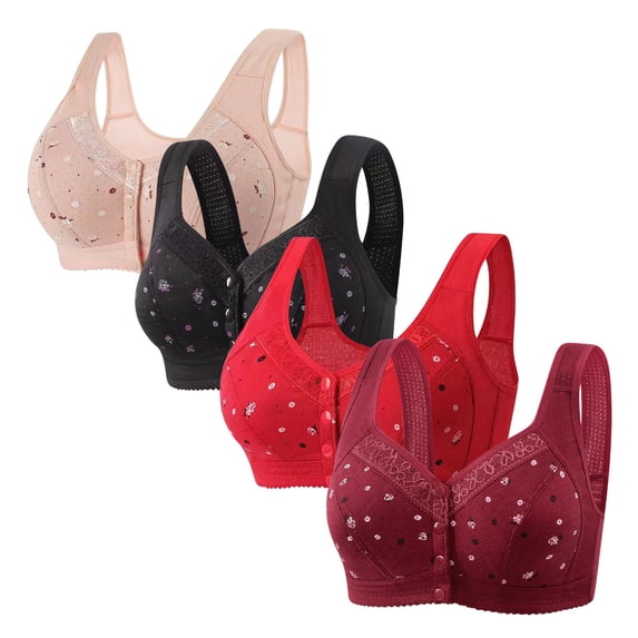 Oplxuo Women's Front Closure Daisy Bra, 4-Pack Plus Size Full Coverage Push Up Padded Comfortable Wireless Everyday Bras
