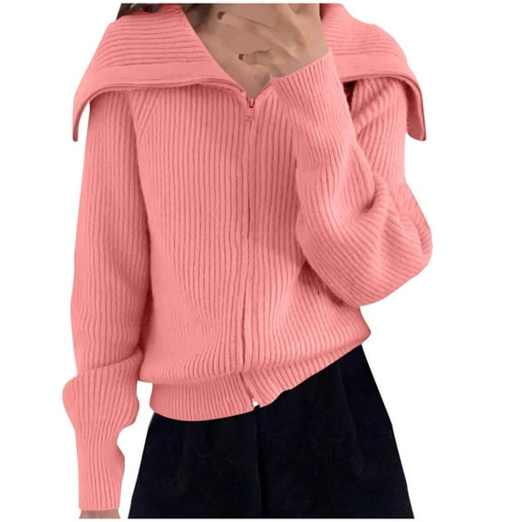 Oplxuo Women's Full Zip Up Sweater Raglan Long Sleeve Collared V Neck Ribbed Knit Slim Fit Open Front Cardigan Sweaters Tops