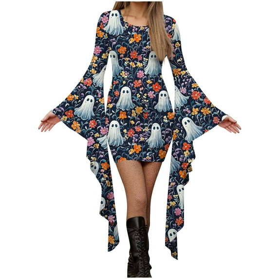 Oplxuo Women's Funny Halloween Print Bodycon Mini Dress, Batwing Sleeve Crewneck Slim Fit Masquerade Fashion Costumes