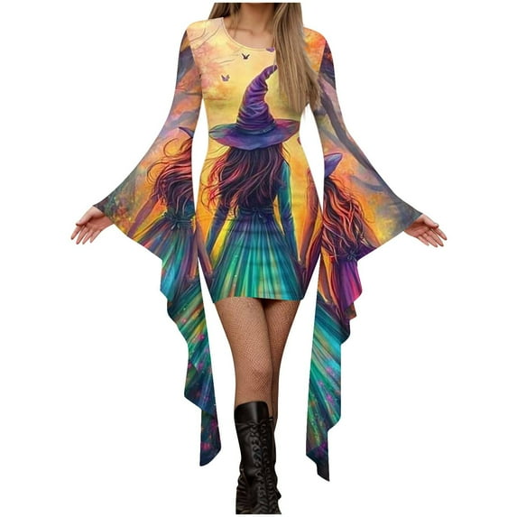Oplxuo Women's Funny Halloween Print Bodycon Mini Dress, Batwing Sleeve Crewneck Slim Fit Masquerade Fashion Costumes