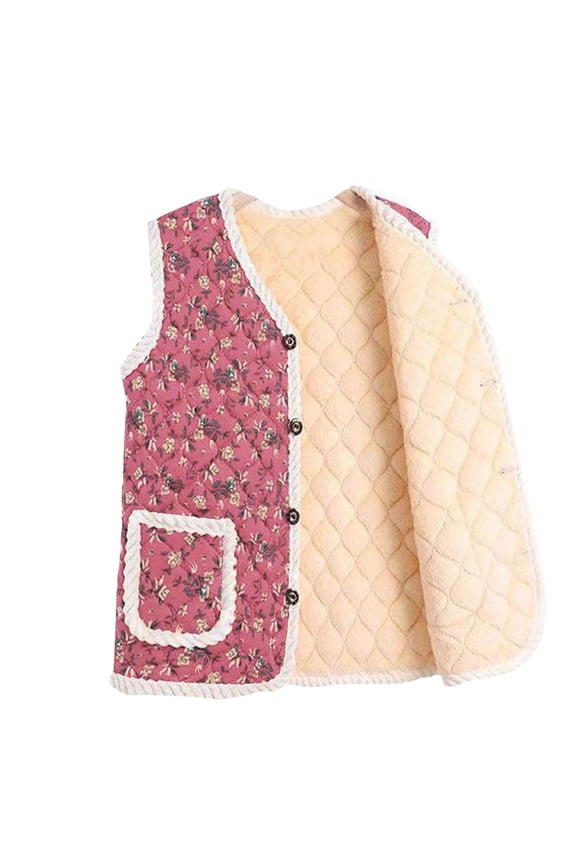 Women's Fuzzy Sherpa Quilted Vest Floral Print Button Down Waistcoat Sleeveless Gilet Jacket Outerwear with Pockets