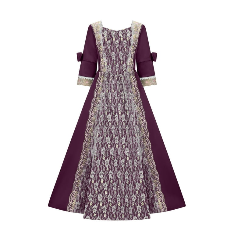 Oplxuo Women's Gothic Plus Size Lace Dress Medieval Flare Long