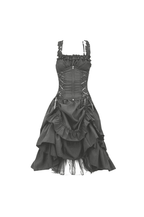 Women's Gothic Sleeveless Dress Ruffle Layered Irregular High Low Renaissance Corset Midi Dresses