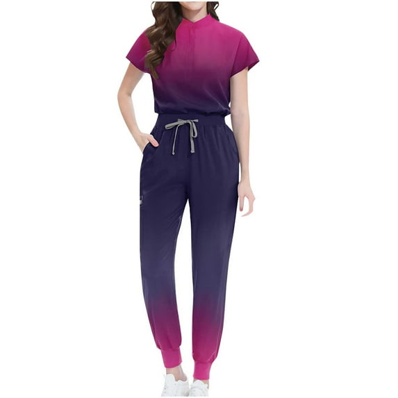 Oplxuo Women's Gradient Scrubs Sets - Stretch Mandarin Collar Top & Jogger Pants Workwear Uniform with Pockets