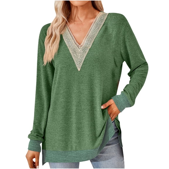 Oplxuo Women's Guipure Lace V Neck Blouses 2025 Fall Casual Loose Fit Long Sleeve Split Side Colorblock Tunic Shirt Tops