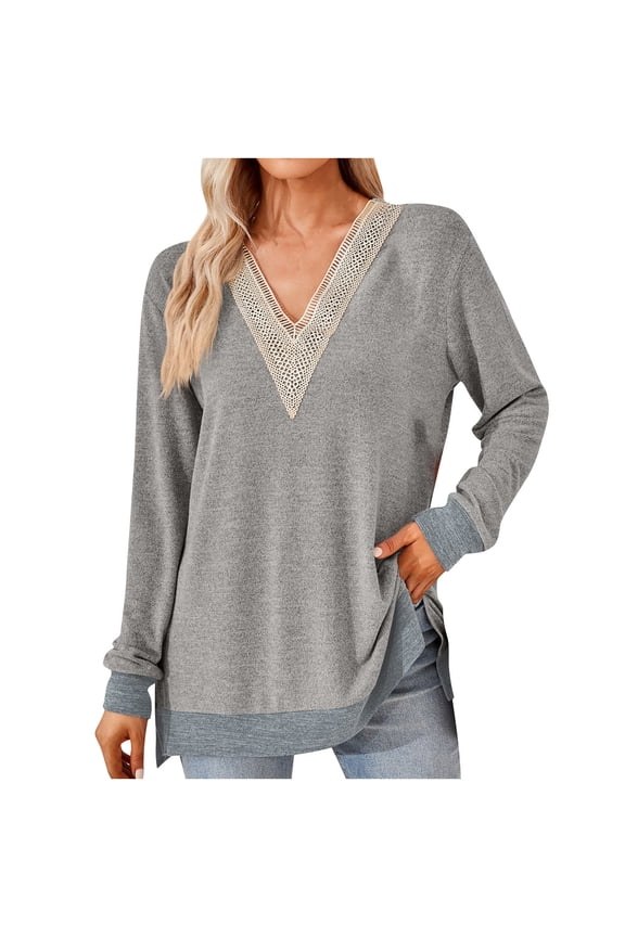 Women's Guipure Lace V Neck Blouses 2025 Fall Casual Loose Fit Long Sleeve Split Side Colorblock Tunic Shirt Tops