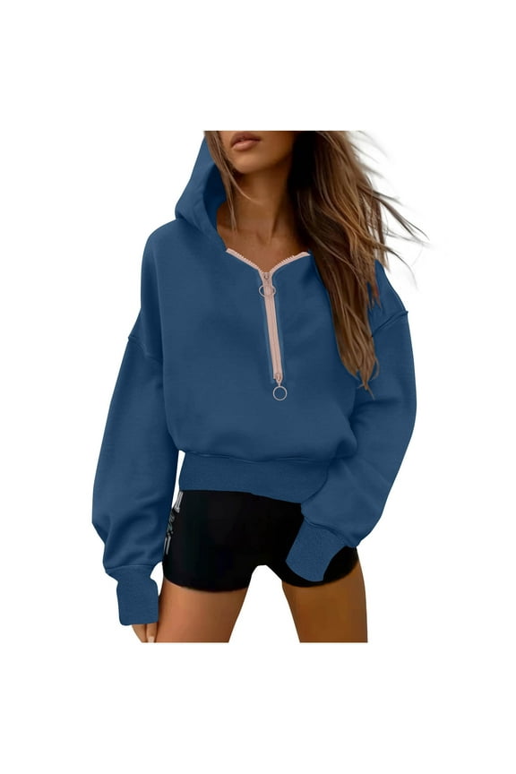 Women's Haf Zip Cropped Hoodies, Casual Long Sleeve Loose Pullover Sweatshirt Trendy Hooded Tops Blouses