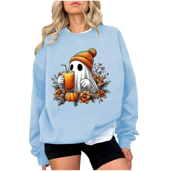 Oplxuo Women's Halloween Sweatshirt Cute Ghost Graphic Pullover Tops Funny Novelty Pumpkin Print Crewneck Sweatshirts