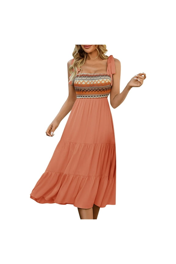 Women's Halter Neck Aztec Midi Dress – Boho Patchwork Cami Sundress for Beach Vacation, Casual Summer Flowing Dress