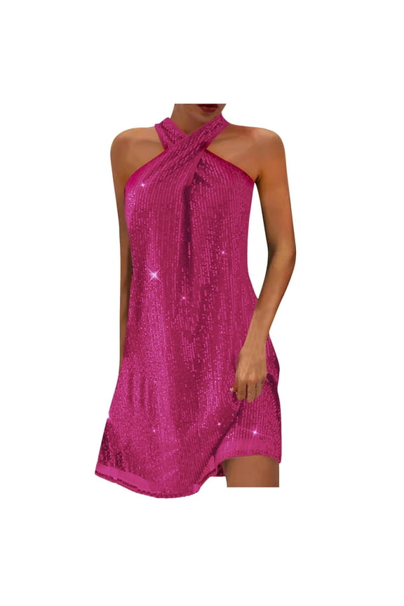 Women's Halter Sequins Cocktail Prom Dress, Sparkly Glitter Sleeveless Formal Party Evening Short Homecomming Dresses