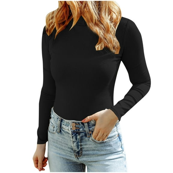 Oplxuo Women's High Neck Ribbed Knit Slim Fit Tops Basic Solid Color Long Sleeve Pullover Fall Sweater T Shirts