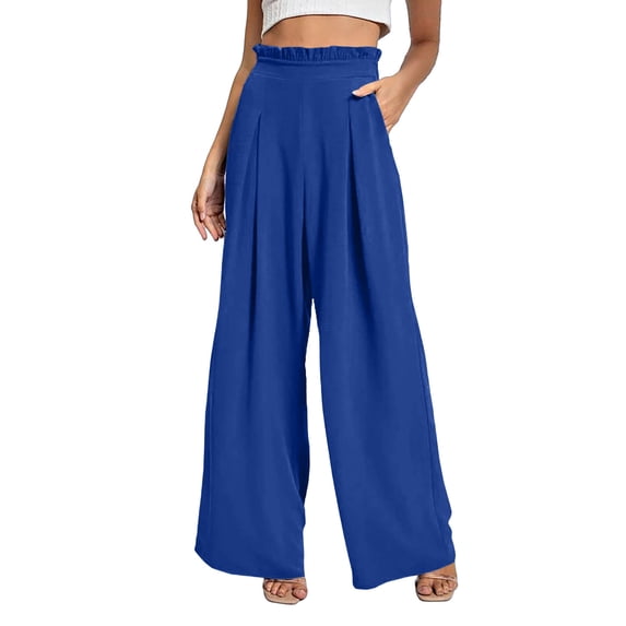 Oplxuo Women's High Waist Wide Leg Pants Elastic Ruffle Tirm Casual Loose Flowy Trousers Solid Color Pant with Pockets