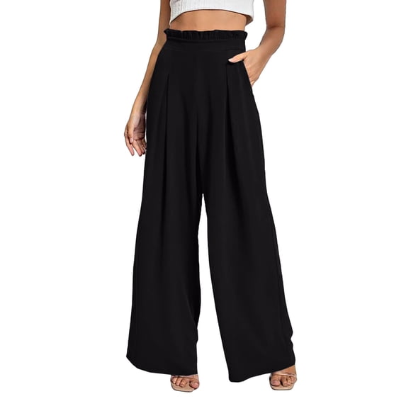 Oplxuo Women's High Waist Wide Leg Pants Elastic Ruffle Tirm Casual Loose Flowy Trousers Solid Color Pant with Pockets