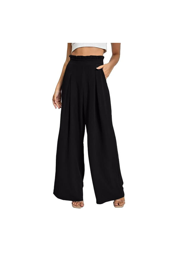 Women's High Waist Wide Leg Pants Elastic Ruffle Tirm Casual Loose Flowy Trousers Solid Color Pant with Pockets