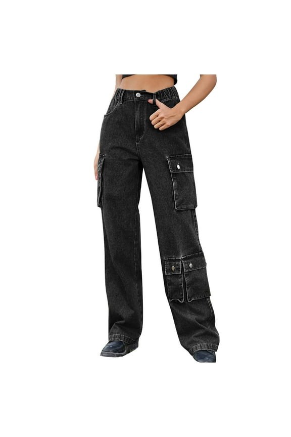 Women's High Waisted Cargo Jeans Straight Leg Casual Denim Pants Combat Military Trousers with Multi-Pockets