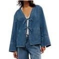 thumbnail image 1 of Oplxuo Women's Jean Jacket Tie Front Fall Winter Loose Vintage Long Sleeve Denim Shacket Outwear with Pockets, 1 of 7
