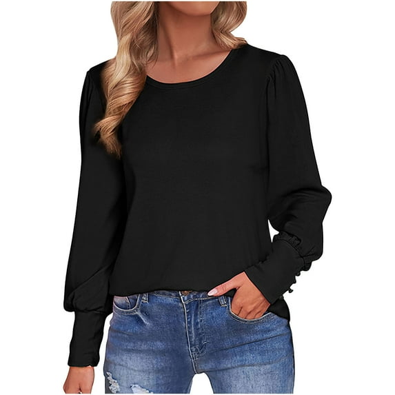 Oplxuo Women's Lantern Long Sleeve Dressy Business Shirts Elegant Crewneck Loose Casual Work Blouses Tops