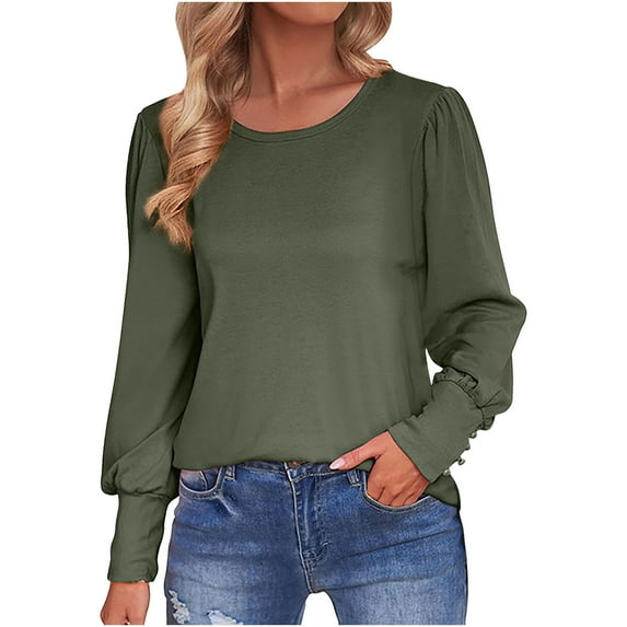 Oplxuo Women's Lantern Long Sleeve Dressy Business Shirts Elegant Crewneck Loose Casual Work Blouses Tops