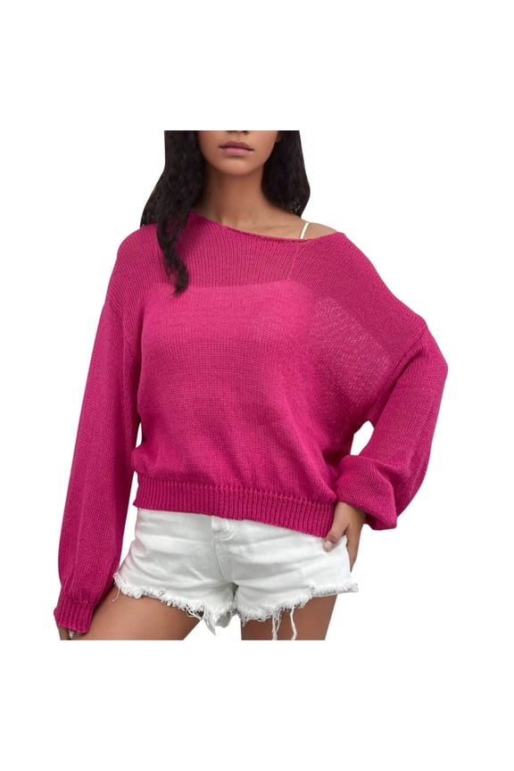 Women's Lantern Sleeve Pullover Sweaters Hollow Out Loose Off the Shoulder Lightweight Sheer Cover Up Tops