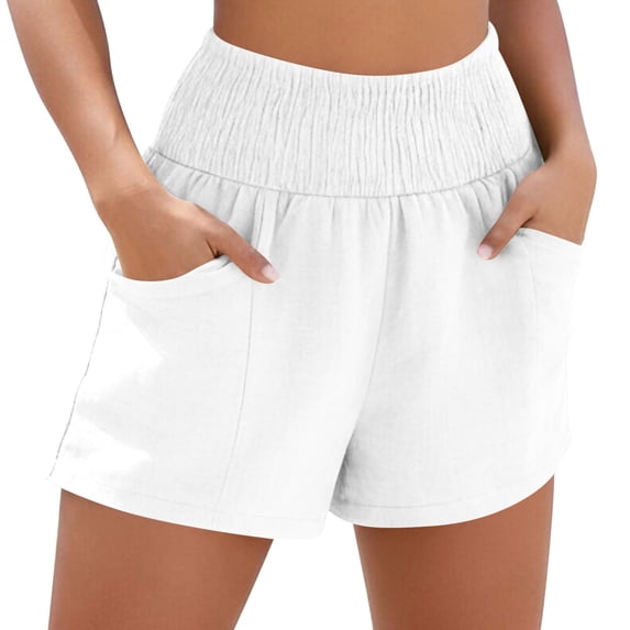 Oplxuo Women's Linen Shorts Casual Summer Shorts High Waisted Comfy Pull On Shorts with Pockets Solid Color Beach Cover Ups