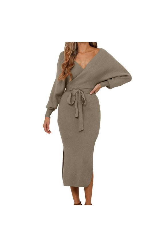 Women's Long Maxi Sweater Dresses Sexy Wrap Batwing V Neck Slit Open Back Holiday Bodycon Dress with Belt