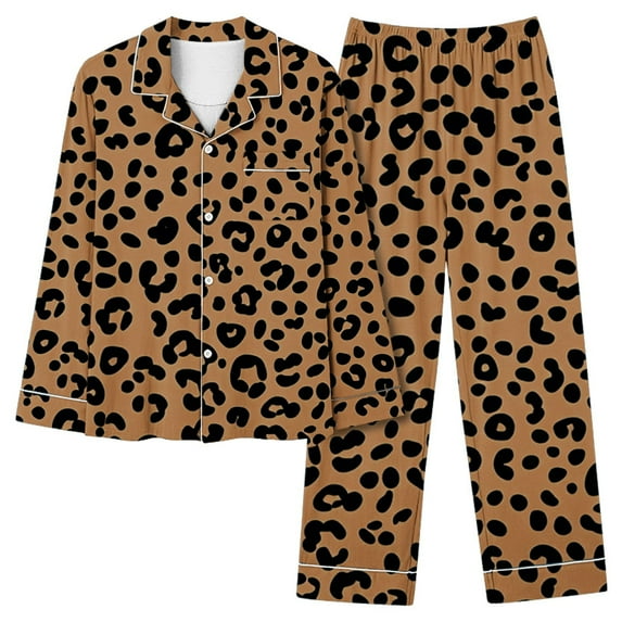 Oplxuo Women's Long Pants Pajamas Sets Leopard Print Loose Button Down Sleepwear Long Sleeve Lapel Shirts 2 Piece Lounge Sets