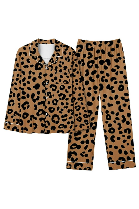 Women's Long Pants Pajamas Sets Leopard Print Loose Button Down Sleepwear Long Sleeve Lapel Shirts 2 Piece Lounge Sets