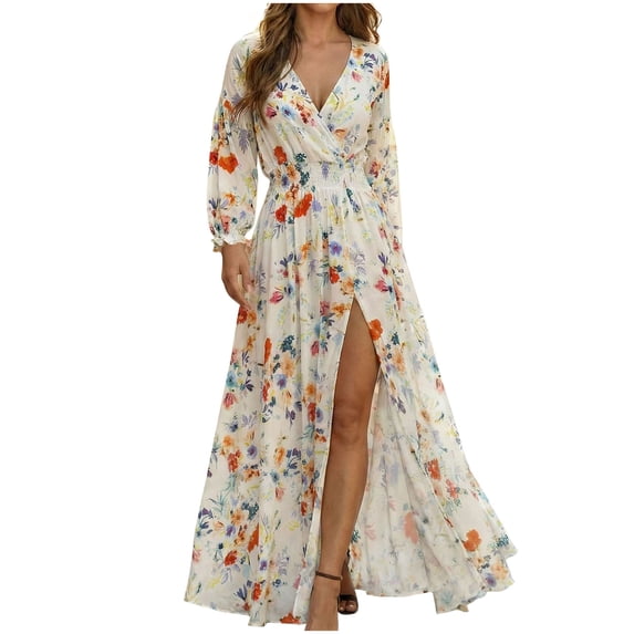 Oplxuo Women’s Long Sleeve Floral Maxi Dress Boho Flowy Wrap Slit V Neck Beach Fall Wedding Guest Party Vacation Dresses