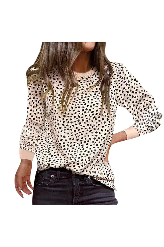 Women's Long Sleeve Leopard Blouses Dressy Crew Neck Patchwork Loose Tops Casual Ladies Tunic T-Shirts