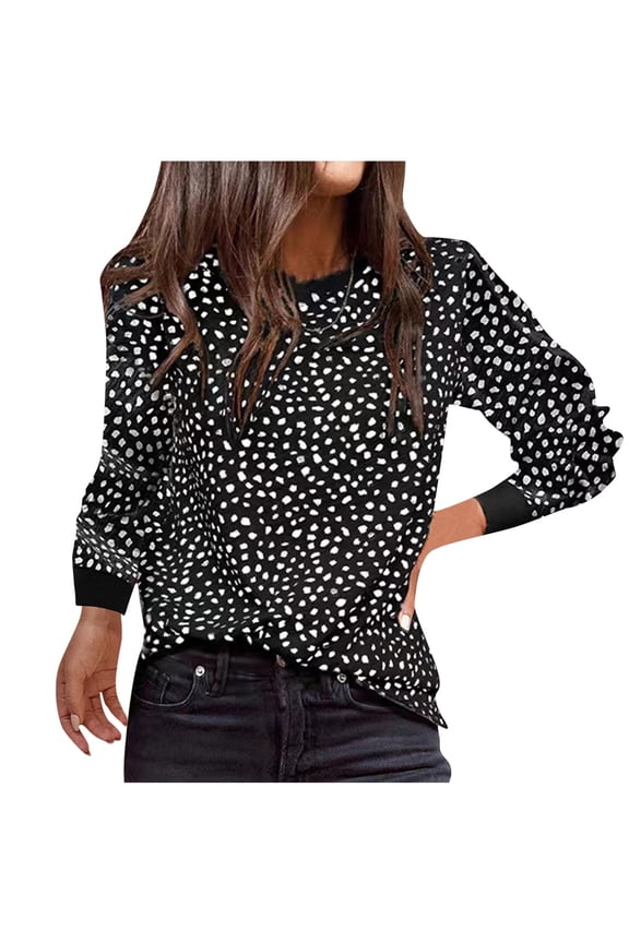 Women's Long Sleeve Leopard Blouses Dressy Crew Neck Patchwork Loose Tops Casual Ladies Tunic T-Shirts