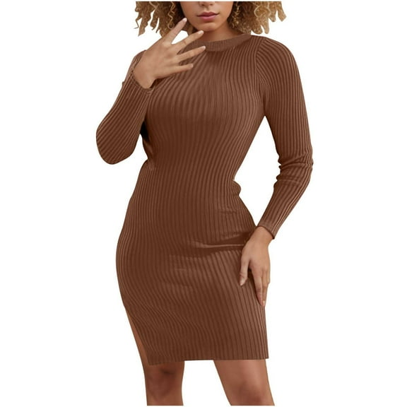 Oplxuo Women's Long Sleeve Pullover Sweater Dress, Sexy Slim Fitted Crew Neck Casual Ribbed Knit Bodycon Dresses