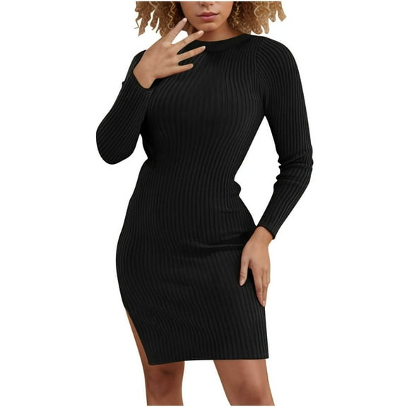 Oplxuo Women's Long Sleeve Pullover Sweater Dress, Sexy Slim Fitted Crew Neck Casual Ribbed Knit Bodycon Dresses