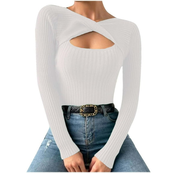 Oplxuo Women's Long Sleeve Sexy Cut Out T-Shirt Ribbed Knit Twist Front Slim Fit Tee Tops Pullover Sweaters
