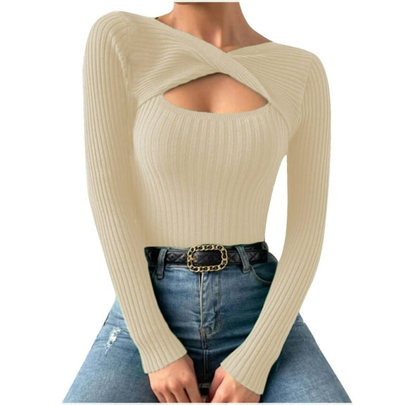 Oplxuo Women's Long Sleeve Sexy Cut Out T-Shirt Ribbed Knit Twist Front Slim Fit Tee Tops Pullover Sweaters