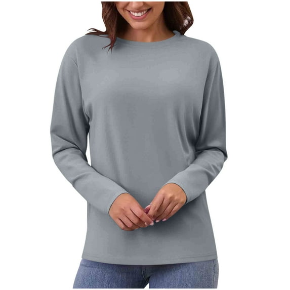 Oplxuo Women's Long Sleeve Shirts Crewneck Cotton Basic T-Shirt Solid Color Soft Comfy Casual Tops Tees for Women