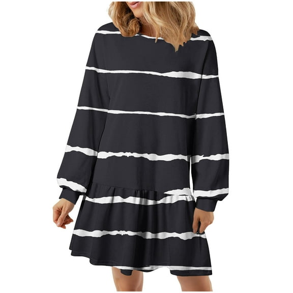 Oplxuo Women's Long Sleeve Striped Sweatshirt Dress Fall Loose Crewneck Flowy Swing Ruffle Hem Tunic Dresses