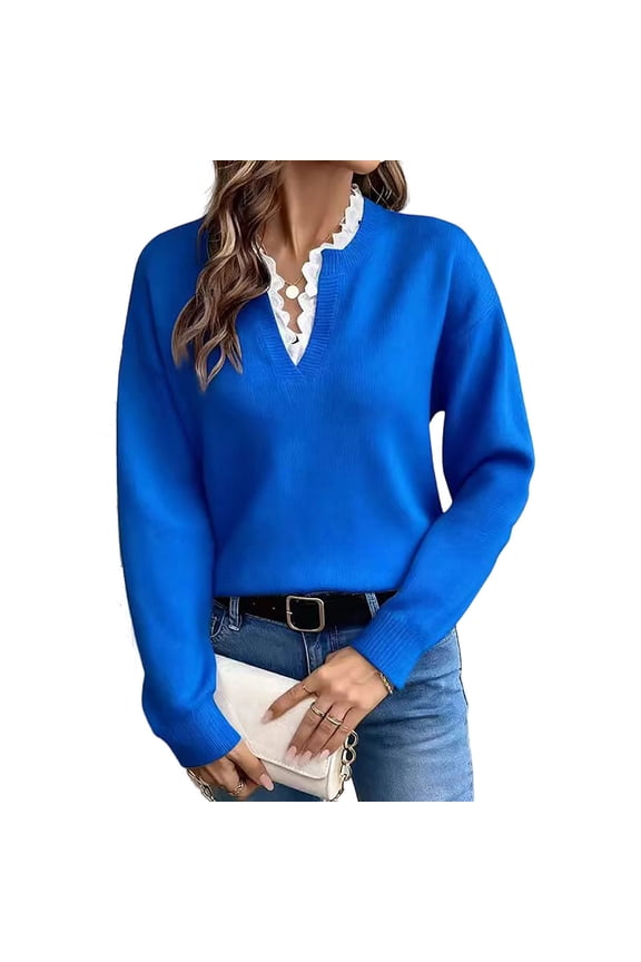 Women's Long Sleeve Sweater Lace Trim Notched V Neck Knit Pullover Tops Casual Trendy Sweaters