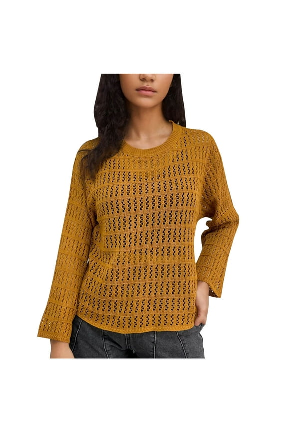 Women's Long Sleeve Sweaters Hollow Out Loose Crewneck Lightweight Crochet Cutout Fishnet Pullover Knitwear