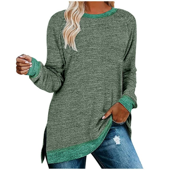 Oplxuo Women's Long Sleeve Sweatshirts Color Block Crewneck Sweaters Tunic Tops tunic-shirts Women's Tunics
