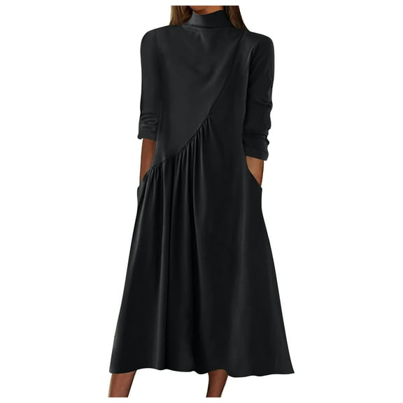 Oplxuo Women's Long Sleeve Turtleneck Casual Dresses Fall Winter Loose Pleated Solid Color Swing Midi Dress with Pockets