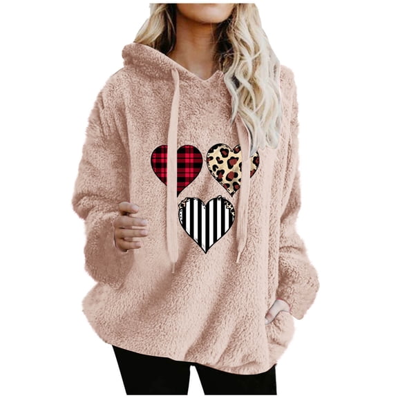 Oplxuo Women's Love Print Fleece Sweatshirt Winter Casual Long Sleeve Drawstring Chunky Hoodies Comfy Fuzzy Top with Pockets