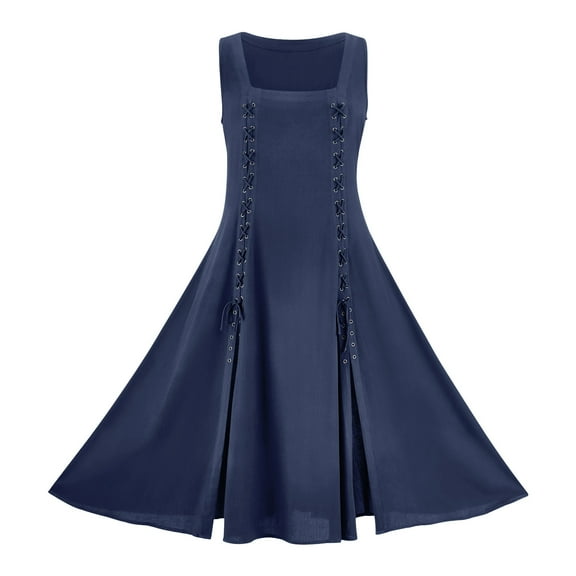 Oplxuo Women's Medieval Gothic Dress Renaissance Sleeveless Lace Up Underbust Pirate Dress High Low Split Peasant Dress