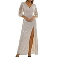 thumbnail image 1 of Oplxuo Women's Mesh Sleeve Sparkly Sequin Evening Dress, Sexy V Neck Cocktail Party Maxi Dresses with Slit, 1 of 5